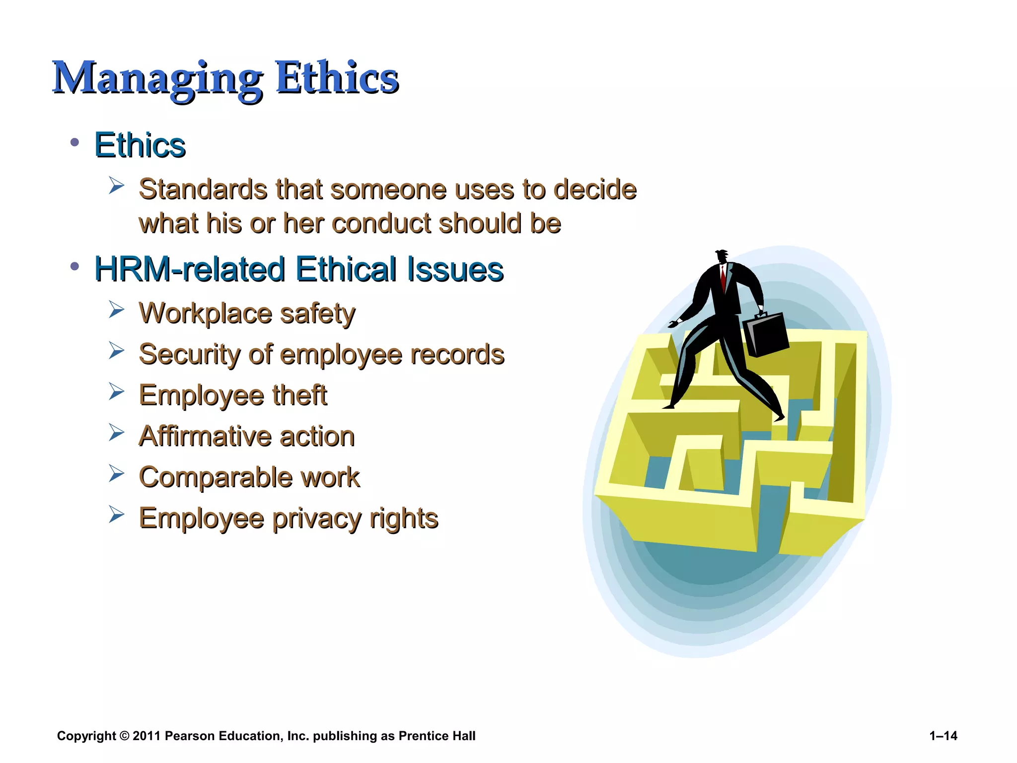 Copyright © 2011 Pearson Education, Inc. publishing as Prentice Hall 1–14
Managing EthicsManaging Ethics
• EthicsEthics
 Standards that someone uses to decideStandards that someone uses to decide
what his or her conduct should bewhat his or her conduct should be
• HRM-related Ethical IssuesHRM-related Ethical Issues
 Workplace safetyWorkplace safety
 Security of employee recordsSecurity of employee records
 Employee theftEmployee theft
 Affirmative actionAffirmative action
 Comparable workComparable work
 Employee privacy rightsEmployee privacy rights
 