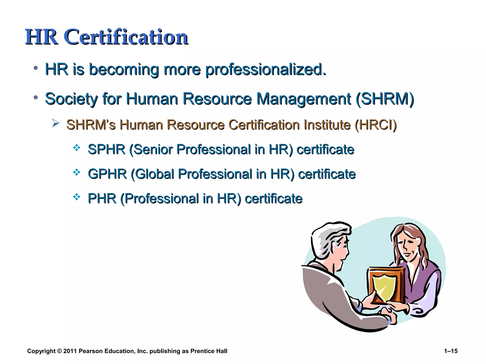 Copyright © 2011 Pearson Education, Inc. publishing as Prentice Hall 1–15
HR CertificationHR Certification
• HR is becoming more professionalized.HR is becoming more professionalized.
• Society for Human Resource Management (SHRM)Society for Human Resource Management (SHRM)
 SHRM’s Human Resource Certification Institute (HRCI)SHRM’s Human Resource Certification Institute (HRCI)
 SPHR (Senior Professional in HR) certificateSPHR (Senior Professional in HR) certificate
 GPHR (Global Professional in HR) certificateGPHR (Global Professional in HR) certificate
 PHR (Professional in HR) certificatePHR (Professional in HR) certificate
 
