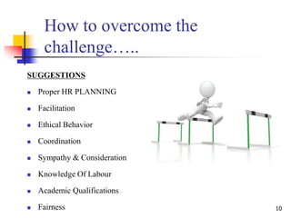 10
How to overcome the
challenge…..
SUGGESTIONS
 Proper HR PLANNING
 Facilitation
 Ethical Behavior
 Coordination
 Sympathy & Consideration
 Knowledge Of Labour
 Academic Qualifications
 Fairness
 