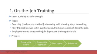1. On-the-Job Training
 Learn a job by actually doing it.
 Types:
• Coaching (Understudy method): observing skill, showing steps in working.
• Peer training: answer call-in questions about technical aspects of doing the jobs.
• Employee teams: analyze the jobs & prepare training materials
 Process:
Prepare the
learner
Present the
operation
Do a tryout Follow up
Part 3: Implementing training programs.
 