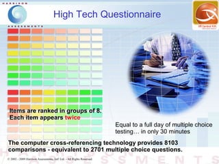 High Tech Questionnaire




 Items are ranked in groups of 8.
 Each item appears twice
                                                                        Equal to a full day of multiple choice
                                                                        testing… in only 30 minutes
The computer cross-referencing technology provides 8103
comparisons - equivalent to 2701 multiple choice questions.
© 2002 - 2009 Harrison Assessments, Intl' Ltd. - All Rights Reserved.
 