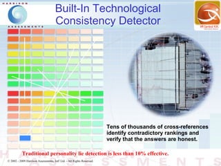 Built-In Technological
                                      Consistency Detector




                                                                        Tens of thousands of cross-references
                                                                        identify contradictory rankings and
                                                                        verify that the answers are honest.

           Traditional personality lie detection is less than 10% effective.
© 2002 - 2009 Harrison Assessments, Intl' Ltd. - All Rights Reserved.
 