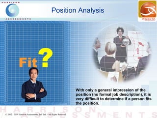 Position Analysis




              Fit                   ?
                                                                        With only a general impression of the
                                                                        position (no formal job description), it is
                                                                        very difficult to determine if a person fits
                                                                        the position.

© 2002 - 2009 Harrison Assessments, Intl' Ltd. - All Rights Reserved.
 