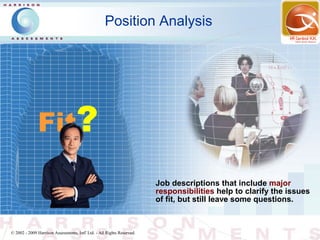 Position Analysis




              Fit?

                                                                        Job descriptions that include major
                                                                        responsibilities help to clarify the issues
                                                                        of fit, but still leave some questions.



© 2002 - 2009 Harrison Assessments, Intl' Ltd. - All Rights Reserved.
 