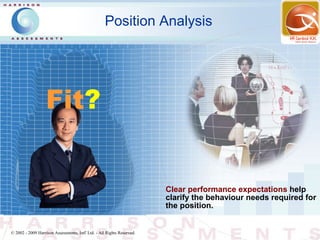 Position Analysis




                   Fit?


                                                                        Clear performance expectations help
                                                                        clarify the behaviour needs required for
                                                                        the position.


© 2002 - 2009 Harrison Assessments, Intl' Ltd. - All Rights Reserved.
 