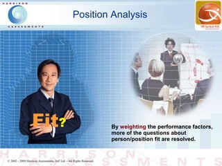 Position Analysis




                   Fit?                                                 By weighting the performance factors,
                                                                        more of the questions about
                                                                        person/position fit are resolved.


© 2002 - 2009 Harrison Assessments, Intl' Ltd. - All Rights Reserved.
 