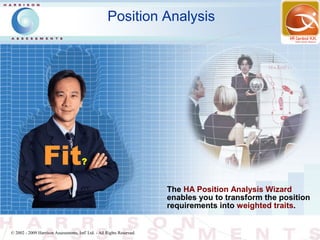 Position Analysis




                 Fit                   ?


                                                                        The HA Position Analysis Wizard
                                                                        enables you to transform the position
                                                                        requirements into weighted traits.


© 2002 - 2009 Harrison Assessments, Intl' Ltd. - All Rights Reserved.
 