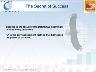 The Secret of Success



    Success is the result of integrating two seemingly
    contradictory behaviors.

    HA is the only assessment method that harnesses
    the power of paradox.




© 2002 - 2009 Harrison Assessments, Intl' Ltd. - All Rights Reserved.
 