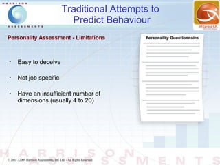 Traditional Attempts to
                                             Predict Behaviour
Personality Assessment - Limitations



 •
        Easy to deceive

 •
        Not job specific

 •
        Have an insufficient number of
        dimensions (usually 4 to 20)




© 2002 - 2009 Harrison Assessments, Intl' Ltd. - All Rights Reserved.
 