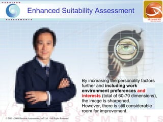 Enhanced Suitability Assessment




                                                                        By increasing the personality factors
                                                                        further and including work
                                                                        environment preferences and
                                                                        interests (total of 60-70 dimensions),
                                                                        the image is sharpened.
                                                                        However, there is still considerable
                                                                        room for improvement.
© 2002 - 2009 Harrison Assessments, Intl' Ltd. - All Rights Reserved.
 
