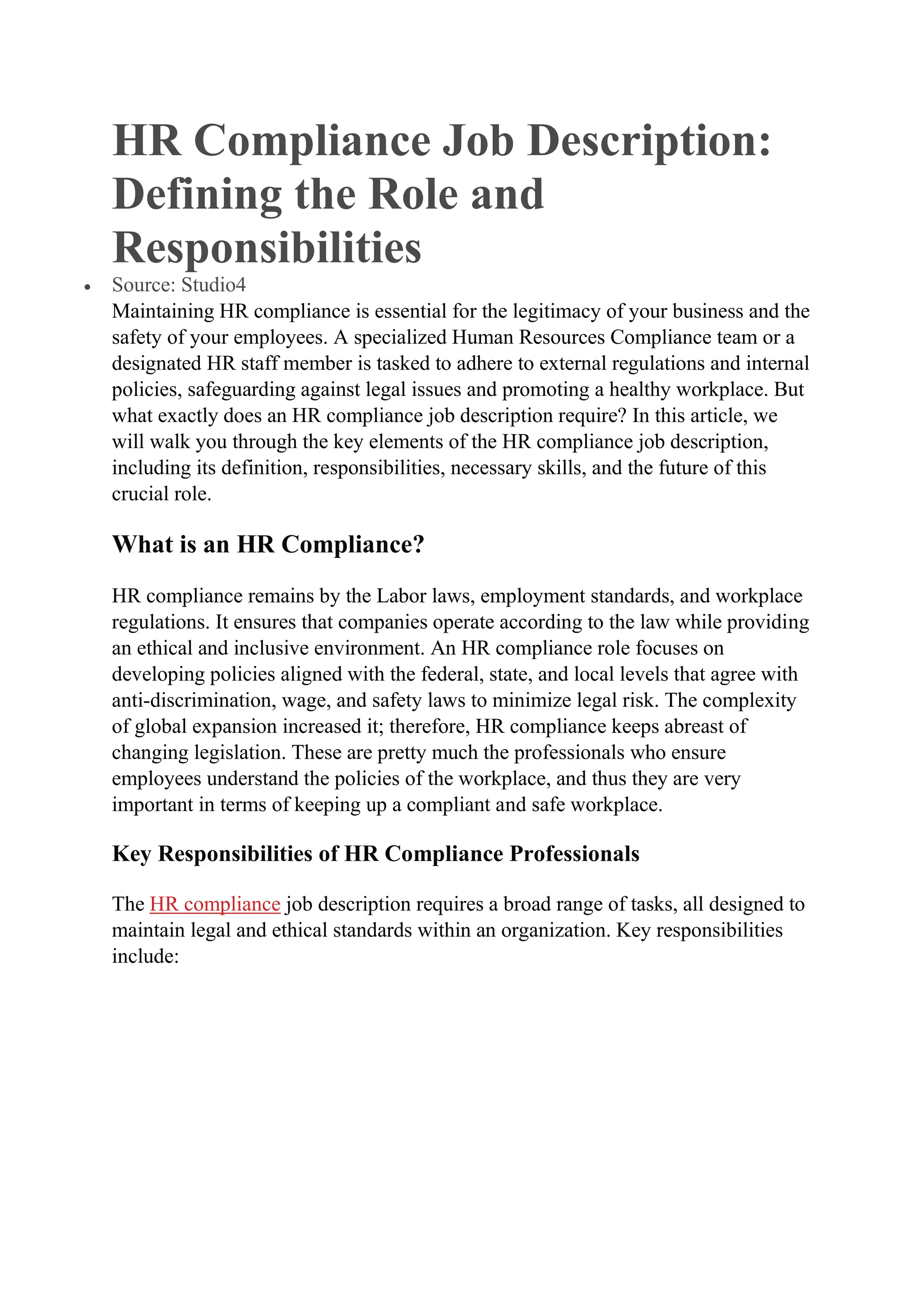Key Responsibilities Of HR Compliance Job Description CIO Women 