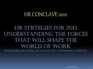 HR CONCLAVE 2012
  HR STRTEGIES FOR 2013
UNDERSTANDING THE FORCES
  THAT WILL SHAPE THE
    WORLD OF WORK
19 DECEMBER 2012, HOTEL VIVANTA BY TAJ – CONNEMARA, CHENNAI




                                            25 December 2012   1
 