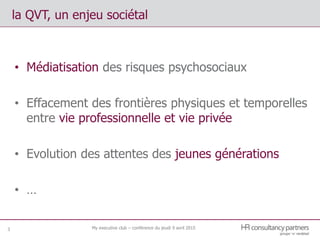 la QVT, un enjeu sociétal
• Médiatisation des risques psychosociaux
• Effacement des frontières physiques et temporelles
entre vie professionnelle et vie privée
• Evolution des attentes des jeunes générations
• …
3 My executive club – conférence du jeudi 9 avril 2015
 