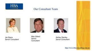 http://www.hbaconsulting.com.au
Our Consultant Team
Jan Byers
Senior Consultant
Max Gillard
Senior
Consultant
Ashley Stanley
Senior Consultant
 