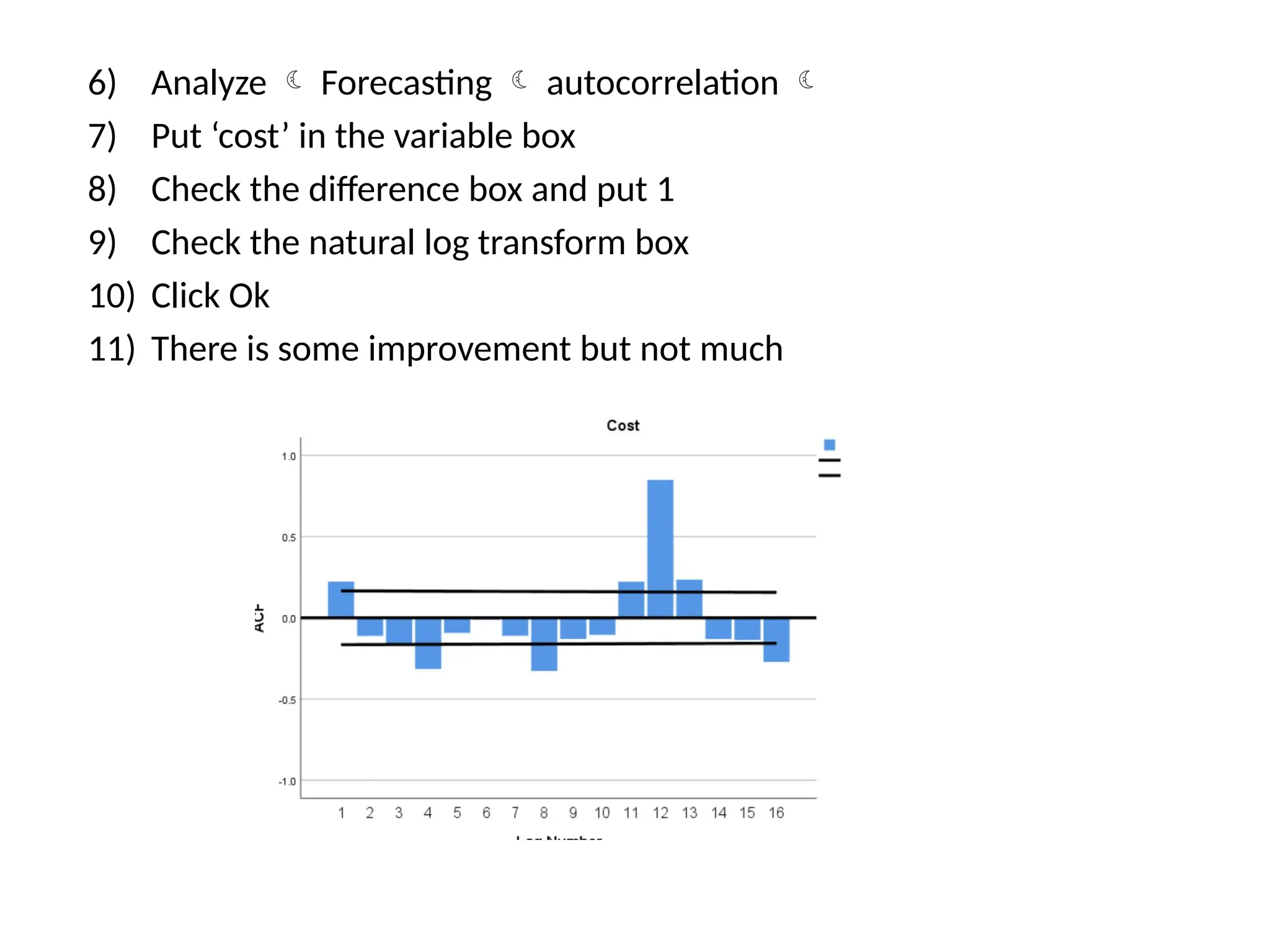 6) Analyze  Forecasting  autocorrelation 
7) Put ‘cost’ in the variable box
8) Check the difference box and put 1
9) Check the natural log transform box
10) Click Ok
11) There is some improvement but not much
 