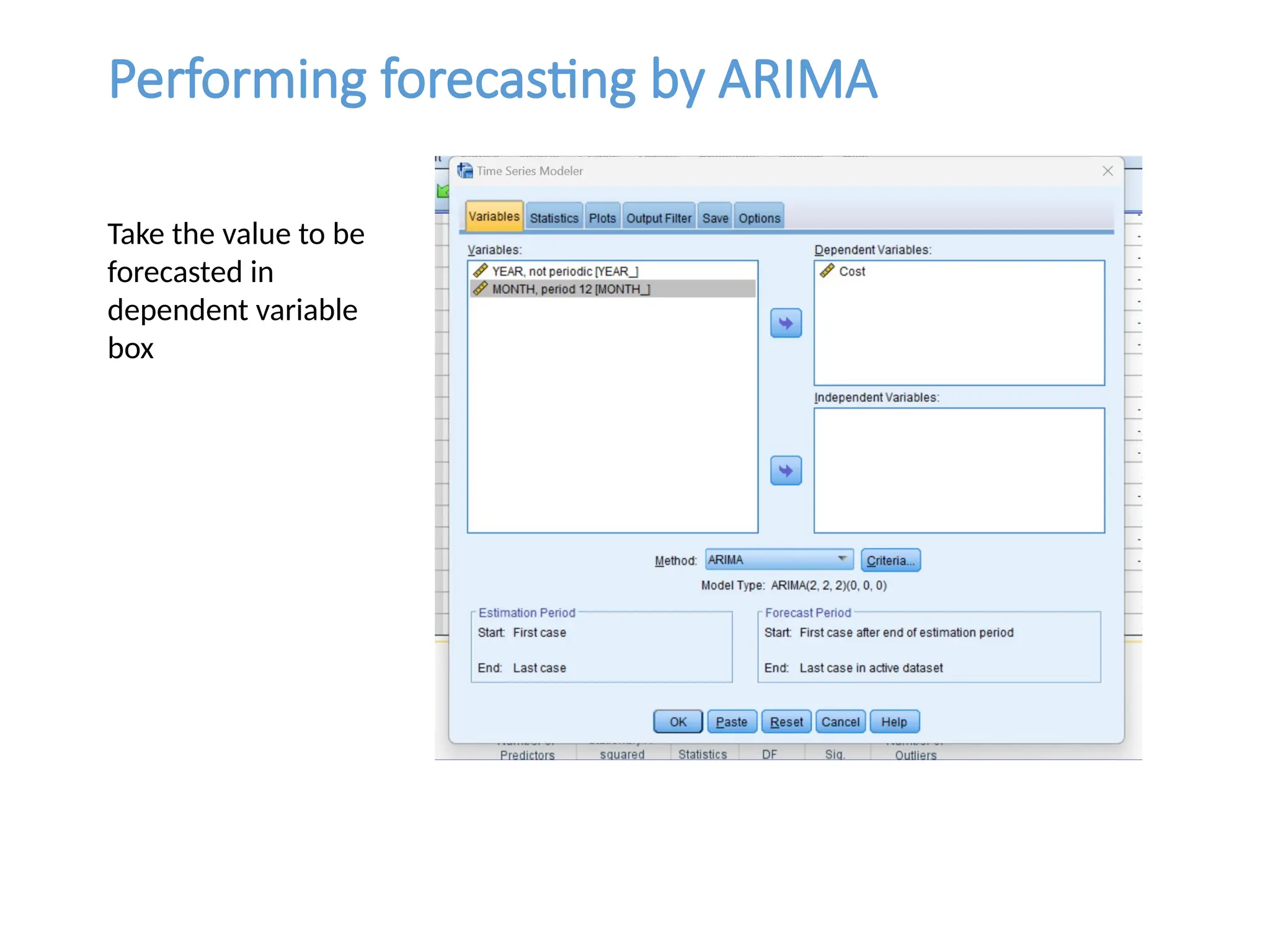 Performing forecasting by ARIMA
Take the value to be
forecasted in
dependent variable
box
 