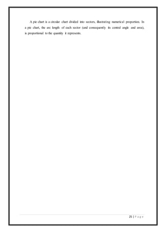 25 | P a g e
A pie chart is a circular chart divided into sectors, illustrating numerical proportion. In
a pie chart, the arc length of each sector (and consequently its central angle and area),
is proportional to the quantity it represents.
 