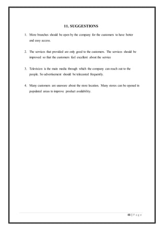 48 | P a g e
11. SUGGESTIONS
1. More branches should be open by the company for the customers to have better
and easy access.
2. The services that provided are only good to the customers. The services should be
improved so that the customers feel excellent about the service
3. Television is the main media through which the company can reach out to the
people. So advertisement should be telecasted frequently.
4. Many customers are unaware about the store location. Many stores can be opened in
populated areas to improve product availability.
 