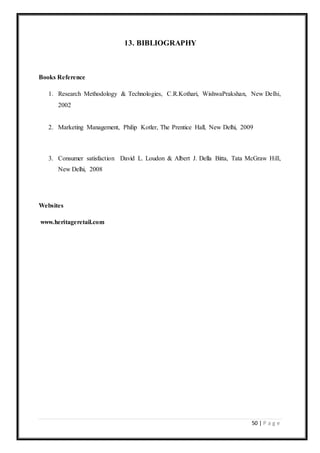 50 | P a g e
13. BIBLIOGRAPHY
Books Reference
1. Research Methodology & Technologies, C.R.Kothari, WishwaPrakshan, New Delhi,
2002
2. Marketing Management, Philip Kotler, The Prentice Hall, New Delhi, 2009
3. Consumer satisfaction David L. Loudon & Albert J. Della Bitta, Tata McGraw Hill,
New Delhi, 2008
Websites
www.heritageretail.com
 