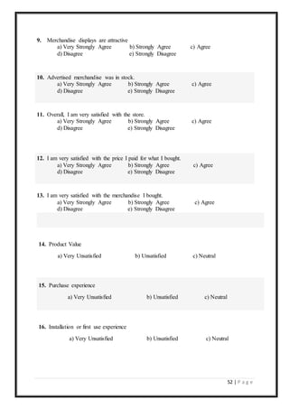 52 | P a g e
9. Merchandise displays are attractive
a) Very Strongly Agree b) Strongly Agree c) Agree
d) Disagree e) Strongly Disagree
10. Advertised merchandise was in stock.
a) Very Strongly Agree b) Strongly Agree c) Agree
d) Disagree e) Strongly Disagree
11. Overall, I am very satisfied with the store.
a) Very Strongly Agree b) Strongly Agree c) Agree
d) Disagree e) Strongly Disagree
12. I am very satisfied with the price I paid for what I bought.
a) Very Strongly Agree b) Strongly Agree c) Agree
d) Disagree e) Strongly Disagree
13. I am very satisfied with the merchandise I bought.
a) Very Strongly Agree b) Strongly Agree c) Agree
d) Disagree e) Strongly Disagree
14. Product Value
a) Very Unsatisfied b) Unsatisfied c) Neutral
15. Purchase experience
a) Very Unsatisfied b) Unsatisfied c) Neutral
16. Installation or first use experience
a) Very Unsatisfied b) Unsatisfied c) Neutral
 