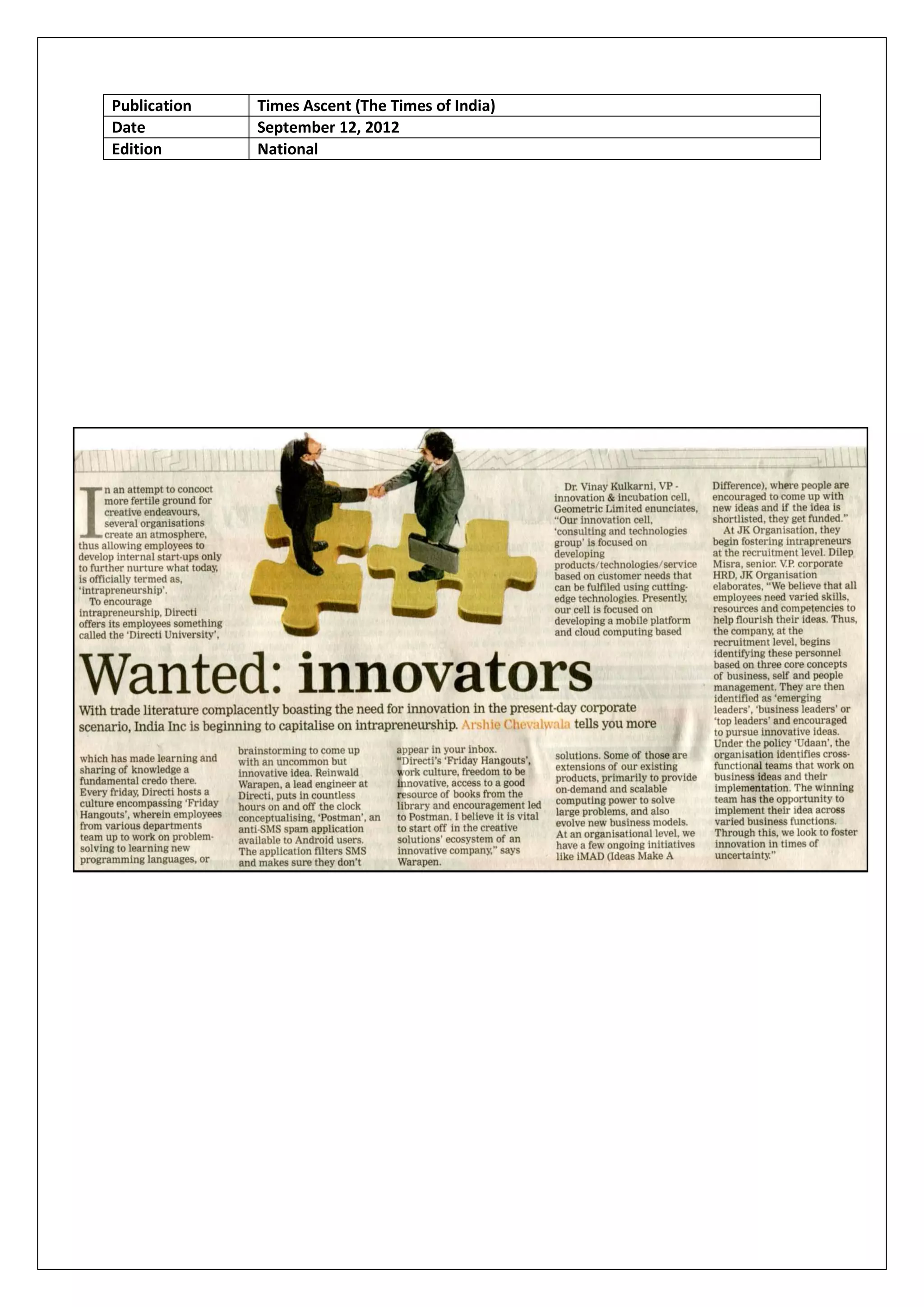 Publication   Times Ascent (The Times of India)
Date          September 12, 2012
Edition       National
 