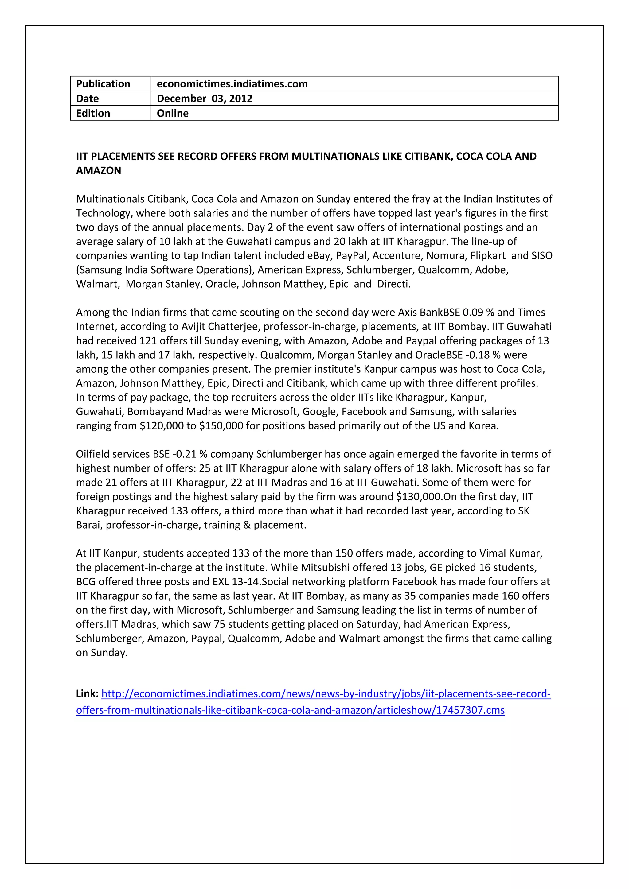 Publication      economictimes.indiatimes.com
Date             December 03, 2012
Edition          Online


IIT PLACEMENTS SEE RECORD OFFERS FROM MULTINATIONALS LIKE CITIBANK, COCA COLA AND
AMAZON

Multinationals Citibank, Coca Cola and Amazon on Sunday entered the fray at the Indian Institutes of
Technology, where both salaries and the number of offers have topped last year's figures in the first
two days of the annual placements. Day 2 of the event saw offers of international postings and an
average salary of 10 lakh at the Guwahati campus and 20 lakh at IIT Kharagpur. The line-up of
companies wanting to tap Indian talent included eBay, PayPal, Accenture, Nomura, Flipkart and SISO
(Samsung India Software Operations), American Express, Schlumberger, Qualcomm, Adobe,
Walmart, Morgan Stanley, Oracle, Johnson Matthey, Epic and Directi.

Among the Indian firms that came scouting on the second day were Axis BankBSE 0.09 % and Times
Internet, according to Avijit Chatterjee, professor-in-charge, placements, at IIT Bombay. IIT Guwahati
had received 121 offers till Sunday evening, with Amazon, Adobe and Paypal offering packages of 13
lakh, 15 lakh and 17 lakh, respectively. Qualcomm, Morgan Stanley and OracleBSE -0.18 % were
among the other companies present. The premier institute's Kanpur campus was host to Coca Cola,
Amazon, Johnson Matthey, Epic, Directi and Citibank, which came up with three different profiles.
In terms of pay package, the top recruiters across the older IITs like Kharagpur, Kanpur,
Guwahati, Bombayand Madras were Microsoft, Google, Facebook and Samsung, with salaries
ranging from $120,000 to $150,000 for positions based primarily out of the US and Korea.

Oilfield services BSE -0.21 % company Schlumberger has once again emerged the favorite in terms of
highest number of offers: 25 at IIT Kharagpur alone with salary offers of 18 lakh. Microsoft has so far
made 21 offers at IIT Kharagpur, 22 at IIT Madras and 16 at IIT Guwahati. Some of them were for
foreign postings and the highest salary paid by the firm was around $130,000.On the first day, IIT
Kharagpur received 133 offers, a third more than what it had recorded last year, according to SK
Barai, professor-in-charge, training & placement.

At IIT Kanpur, students accepted 133 of the more than 150 offers made, according to Vimal Kumar,
the placement-in-charge at the institute. While Mitsubishi offered 13 jobs, GE picked 16 students,
BCG offered three posts and EXL 13-14.Social networking platform Facebook has made four offers at
IIT Kharagpur so far, the same as last year. At IIT Bombay, as many as 35 companies made 160 offers
on the first day, with Microsoft, Schlumberger and Samsung leading the list in terms of number of
offers.IIT Madras, which saw 75 students getting placed on Saturday, had American Express,
Schlumberger, Amazon, Paypal, Qualcomm, Adobe and Walmart amongst the firms that came calling
on Sunday.


Link: http://economictimes.indiatimes.com/news/news-by-industry/jobs/iit-placements-see-record-
offers-from-multinationals-like-citibank-coca-cola-and-amazon/articleshow/17457307.cms
 