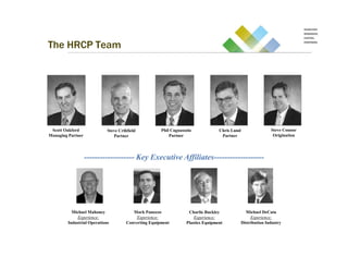 The HRCP Team




 Scott Oakford              Steve Crihfield           Phil Cagnassola             Chris Lund                  Steve Connor
Managing Partner               Partner                    Partner                  Partner                     Origination




                   ------------------- Key Executive Affiliates-------------------




          Michael Mahoney                Mark Panozzo              Charlie Buckley               Michael DeCata
            Experience:                   Experience:                 Experience:                   Experience:
        Industrial Operations         Converting Equipment        Plastics Equipment           Distribution Industry
 