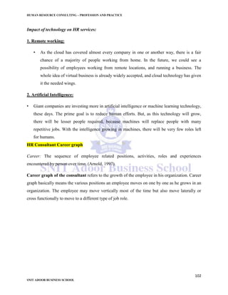 HUMAN RESOURCE CONSULTING – PROFESSION AND PRACTICE
102
SNIT ADOOR BUSINESS SCHOOL
Impact of technology on HR services:
1. Remote working:
• As the cloud has covered almost every company in one or another way, there is a fair
chance of a majority of people working from home. In the future, we could see a
possibility of employees working from remote locations, and running a business. The
whole idea of virtual business is already widely accepted, and cloud technology has given
it the needed wings.
2. Artificial Intelligence:
• Giant companies are investing more in artificial intelligence or machine learning technology,
these days. The prime goal is to reduce human efforts. But, as this technology will grow,
there will be lesser people required, because machines will replace people with many
repetitive jobs. With the intelligence growing in machines, there will be very few roles left
for humans.
HR Consultant Career graph
Career: The sequence of employee related positions, activities, roles and experiences
encountered by person over time. (Arnold, 1997)
Career graph of the consultant refers to the growth of the employee in his organization. Career
graph basically means the various positions an employee moves on one by one as he grows in an
organization. The employee may move vertically most of the time but also move laterally or
cross functionally to move to a different type of job role.
 