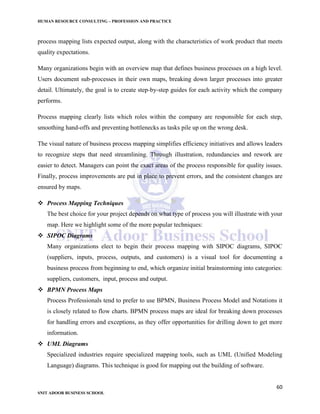 HUMAN RESOURCE CONSULTING – PROFESSION AND PRACTICE
60
SNIT ADOOR BUSINESS SCHOOL
process mapping lists expected output, along with the characteristics of work product that meets
quality expectations.
Many organizations begin with an overview map that defines business processes on a high level.
Users document sub-processes in their own maps, breaking down larger processes into greater
detail. Ultimately, the goal is to create step-by-step guides for each activity which the company
performs.
Process mapping clearly lists which roles within the company are responsible for each step,
smoothing hand-offs and preventing bottlenecks as tasks pile up on the wrong desk.
The visual nature of business process mapping simplifies efficiency initiatives and allows leaders
to recognize steps that need streamlining. Through illustration, redundancies and rework are
easier to detect. Managers can point the exact areas of the process responsible for quality issues.
Finally, process improvements are put in place to prevent errors, and the consistent changes are
ensured by maps.
 Process Mapping Techniques
The best choice for your project depends on what type of process you will illustrate with your
map. Here we highlight some of the more popular techniques:
 SIPOC Diagrams
Many organizations elect to begin their process mapping with SIPOC diagrams, SIPOC
(suppliers, inputs, process, outputs, and customers) is a visual tool for documenting a
business process from beginning to end, which organize initial brainstorming into categories:
suppliers, customers, input, process and output.
 BPMN Process Maps
Process Professionals tend to prefer to use BPMN, Business Process Model and Notations it
is closely related to flow charts. BPMN process maps are ideal for breaking down processes
for handling errors and exceptions, as they offer opportunities for drilling down to get more
information.
 UML Diagrams
Specialized industries require specialized mapping tools, such as UML (Unified Modeling
Language) diagrams. This technique is good for mapping out the building of software.
 