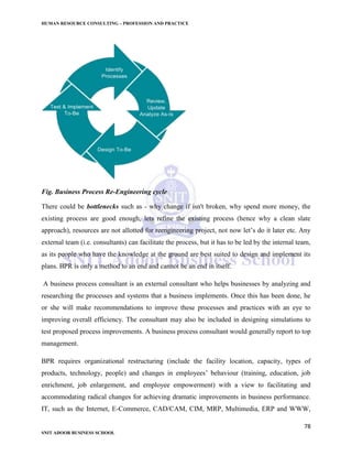 HUMAN RESOURCE CONSULTING – PROFESSION AND PRACTICE
78
SNIT ADOOR BUSINESS SCHOOL
Fig. Business Process Re-Engineering cycle
There could be bottlenecks such as - why change if isn't broken, why spend more money, the
existing process are good enough, lets refine the existing process (hence why a clean slate
approach), resources are not allotted for reengineering project, not now let’s do it later etc. Any
external team (i.e. consultants) can facilitate the process, but it has to be led by the internal team,
as its people who have the knowledge at the ground are best suited to design and implement its
plans. BPR is only a method to an end and cannot be an end in itself.
A business process consultant is an external consultant who helps businesses by analyzing and
researching the processes and systems that a business implements. Once this has been done, he
or she will make recommendations to improve these processes and practices with an eye to
improving overall efficiency. The consultant may also be included in designing simulations to
test proposed process improvements. A business process consultant would generally report to top
management.
BPR requires organizational restructuring (include the facility location, capacity, types of
products, technology, people) and changes in employees’ behaviour (training, education, job
enrichment, job enlargement, and employee empowerment) with a view to facilitating and
accommodating radical changes for achieving dramatic improvements in business performance.
IT, such as the Internet, E-Commerce, CAD/CAM, CIM, MRP, Multimedia, ERP and WWW,
 