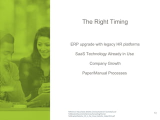 The Right Timing 
ERP upgrade with legacy HR platforms 
SaaS Technology Already in Use 
Company Growth 
Paper/Manual Processes 
Reference: http://www.deloitte.com/assets/Dcom-Australia/Local 
%20Assets/Documents/Services/Consulting/Human 
%20Capital/Deloitte_HR_in_the_Cloud_Deloitte_16Apr2012.pdf 
10 
 