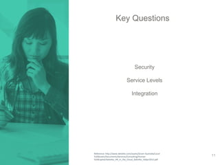Key Questions 
Security 
Service Levels 
Integration 
Reference: http://www.deloitte.com/assets/Dcom-Australia/Local 
%20Assets/Documents/Services/Consulting/Human 
%20Capital/Deloitte_HR_in_the_Cloud_Deloitte_16Apr2012.pdf 
11 
 