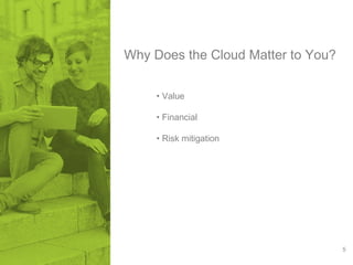 5 
Why Does the Cloud Matter to You? 
• Value 
• Financial 
• Risk mitigation 
 