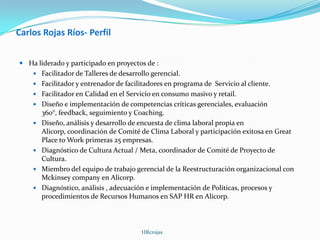 Carlos Rojas Ríos- Perfil


 Ha liderado y participado en proyectos de :
     Facilitador de Talleres de desarrollo gerencial.
     Facilitador y entrenador de facilitadores en programa de Servicio al cliente.
     Facilitador en Calidad en el Servicio en consumo masivo y retail.
     Diseño e implementación de competencias críticas gerenciales, evaluación
        360°, feedback, seguimiento y Coaching.
       Diseño, análisis y desarrollo de encuesta de clima laboral propia en
        Alicorp, coordinación de Comité de Clima Laboral y participación exitosa en Great
        Place to Work primeras 25 empresas.
       Diagnóstico de Cultura Actual / Meta, coordinador de Comité de Proyecto de
        Cultura.
       Miembro del equipo de trabajo gerencial de la Reestructuración organizacional con
        Mckinsey company en Alicorp.
       Diagnóstico, análisis , adecuación e implementación de Políticas, procesos y
        procedimientos de Recursos Humanos en SAP HR en Alicorp.



                                        HRcrojas
 