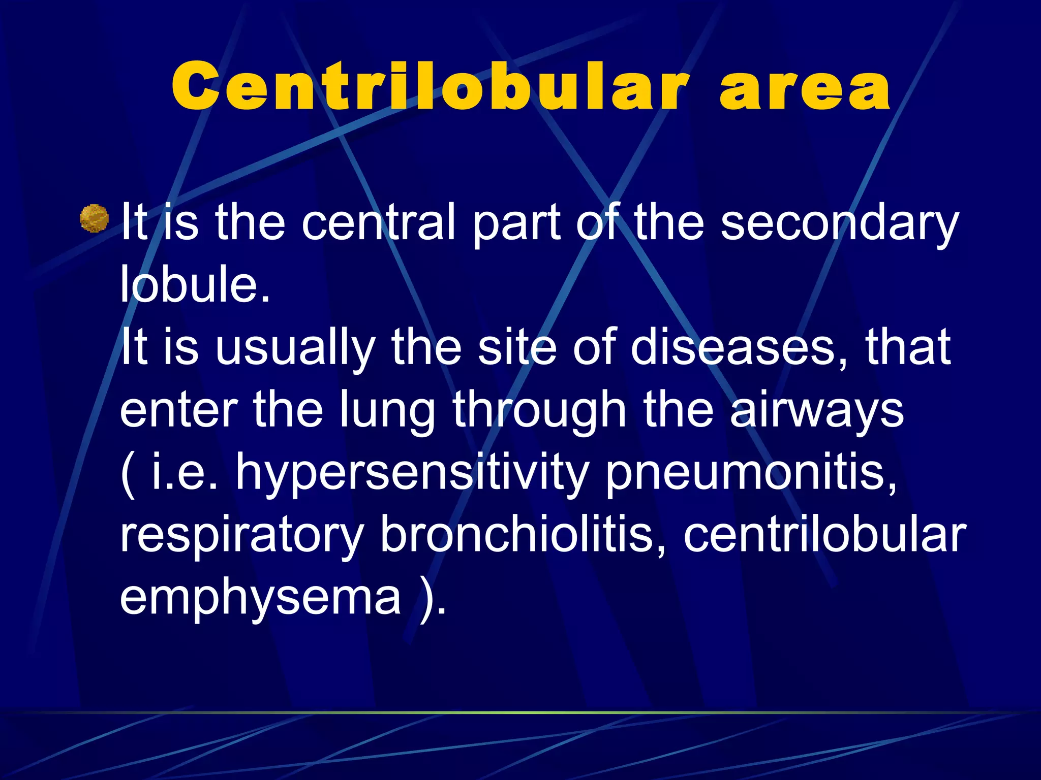 Centrilobular area
It is the central part of the secondary
lobule.
It is usually the site of diseases, that
enter the lung through the airways
( i.e. hypersensitivity pneumonitis,
respiratory bronchiolitis, centrilobular
emphysema ).
 