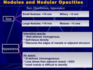 Size, Distribution, Appearance
Nodules and Nodular Opacities
SizeSize
Small Nodules: <10 mm Miliary - <3 mmSmall Nodules: <10 mm Miliary - <3 mm
Large Nodules: >10 mm Masses - >3 cmsLarge Nodules: >10 mm Masses - >3 cms
AppearanceAppearance
Interstitial opacity:
 Well-defined, homogenous,
Soft-tissue density
Obscures the edges of vessels or adjacent structure
Interstitial opacity:
 Well-defined, homogenous,
Soft-tissue density
Obscures the edges of vessels or adjacent structure
Air space:
Ill-defined, inhomogeneous.
Less dense than adjacent vessel – GGO
small nodule is difficult to identify
Air space:
Ill-defined, inhomogeneous.
Less dense than adjacent vessel – GGO
small nodule is difficult to identify
8
 