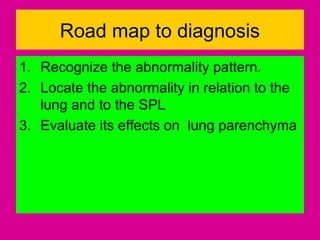 Road map to diagnosis
1. Recognize the abnormality pattern.
2. Locate the abnormality in relation to the
lung and to the SPL
3. Evaluate its effects on lung parenchyma
 