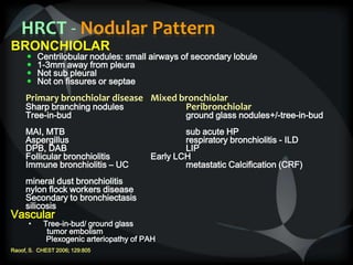 HRCT - Nodular Pattern
BRONCHIOLAR
 Centrilobular nodules: small airways of secondary lobule
 1-3mm away from pleura
 Not sub pleural
 Not on fissures or septae
Primary bronchiolar disease Mixed bronchiolar
Sharp branching nodules Peribronchiolar
Tree-in-bud ground glass nodules+/-tree-in-bud
MAI, MTB sub acute HP
Aspergillus respiratory bronchiolitis - ILD
DPB, DAB LIP
Follicular bronchiolitis Early LCH
Immune bronchiolitis – UC metastatic Calcification (CRF)
mineral dust bronchiolitis
nylon flock workers disease
Secondary to bronchiectasis
silicosis
Vascular
• Tree-in-bud/ ground glass
tumor embolism
Plexogenic arteriopathy of PAH
Raoof, S. CHEST 2006; 129:805
 