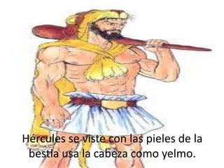 Hércules se viste con las pieles de la
bestia usa la cabeza como yelmo.

 
