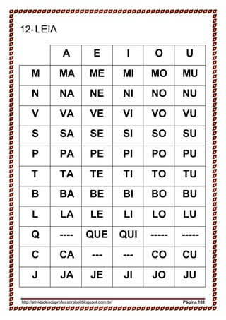 12-LEIA
A E I O U
M MA ME MI MO MU
N NA NE NI NO NU
V VA VE VI VO VU
S SA SE SI SO SU
P PA PE PI PO PU
T TA TE TI TO TU
B BA BE BI BO BU
L LA LE LI LO LU
Q ---- QUE QUI ----- -----
C CA --- --- CO CU
J JA JE JI JO JU
http://atividadesdaprofessorabel.blogspot.com.br/ Página 103
 