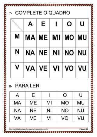 7- COMPLETE O QUADRO
A E I O U
M MA ME MI MO MU
N NA NE NI NO NU
V VA VE VI VO VU
8- PARA LER
A E I O U
MA ME MI MO MU
NA NE NI NO NU
VA VE VI VO VU
http://atividadesdaprofessorabel.blogspot.com.br/ Página 22
 