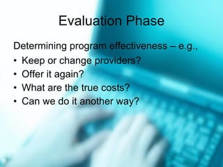 Evaluation Phase Determining program effectiveness  –  e.g., Keep or change providers? Offer it again? What are the true costs? Can we do it another way? 