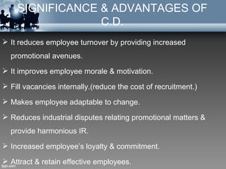 SIGNIFICANCE & ADVANTAGES OF
                 C.D.
 It reduces employee turnover by providing increased
  promotional avenues.
 It improves employee morale & motivation.

 Fill vacancies internally.(reduce the cost of recruitment.)

 Makes employee adaptable to change.

 Reduces industrial disputes relating promotional matters &
  provide harmonious IR.
 Increased employee’s loyalty & commitment.

 Attract & retain effective employees.
 