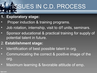 ISSUES IN C.D. PROCESS
1.  Exploratory stage:
•    Proper induction & training programs.
•   Job rotation, internship, visit to d/f units, seminars.
•   Sponsor educational & practical training for supply of
    potential talent in future.
2. Establishment stage:
• Identification of best possible talent in org.
• Communicating the correct & positive image of the
    org.
•    Maximum learning & favorable attitude of emp.
 