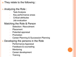    They relate to the following :

   Analyzing the Role :
        1.    Task Analysis
        2.    Key performance areas
        3.    Critical attributes
        4.    Job evaluation
    Matching the Role & Person
         1.   Selection / Recruitment
         2.   Placement
         3.   Potential appraisal
         4.   Promotion
         5.   Career Planning & Succession Planning
   Developing the persons in the Role
         1.   Performance Appraisal
         2.   Feedback & counseling
         3.   Mentoring
         4.   Career development
         5.   Training
 