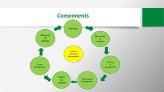 Components
Human
Resource
Management
Planning
Retention
&
Attrition
Recruitment
&
Selection
Career
Management
Training
&
D...
