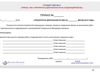 15
СТАНДАРТ ИДО №2-2
«ПРИКАЗ HRD «ПРИОРИТЕТЫ ДЕЯТЕЛЬНОСТИ НА СЛЕДУЮЩИЙ МЕСЯЦ»
www.businessystem.com
ПРИКАЗ № _______
т «___» _________ 2010г. «ПРИОРИТЕТЫ ДЕЯТЕЛЬНОСТИ HRD НА __________ МЕСЯЦ 2010 ГОДА»
В результате анализа показателей предыдущего периода, исходя из содержания Заявок на выполнение работ
т функциональных подразделений и распоряжений Генерального Менеджера компании
ПРИКАЗЫВАЮ
Приоритетами данного периода работы подразделения считать выполнение следующих задач:
. ______________________________________________________ Ответственный ____________________
. ______________________________________________________ Ответственный ____________________
. ______________________________________________________ Ответственный ____________________
. ______________________________________________________ Ответственный ____________________
. ______________________________________________________ Ответственный ____________________
Руководитель HRD _______________ (____________________)
подпись Ф.И.О.
 