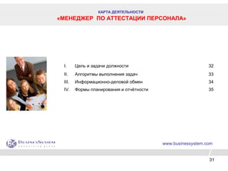 31
www.businessystem.com
I. Цель и задачи должности 32
II. Алгоритмы выполнения задач 33
III. Информационно-деловой обмен 34
IV. Формы планирования и отчётности 35
КАРТА ДЕЯТЕЛЬНОСТИ
«МЕНЕДЖЕР ПО АТТЕСТАЦИИ ПЕРСОНАЛА»
 