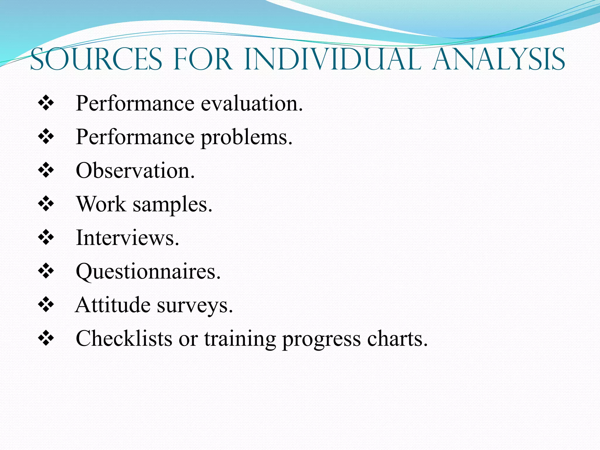 SOURCES FOR INDIVIDUAL ANALYSIS
 Performance evaluation.
 Performance problems.
 Observation.
 Work samples.
 Interviews.
 Questionnaires.
 Attitude surveys.
 Checklists or training progress charts.
 