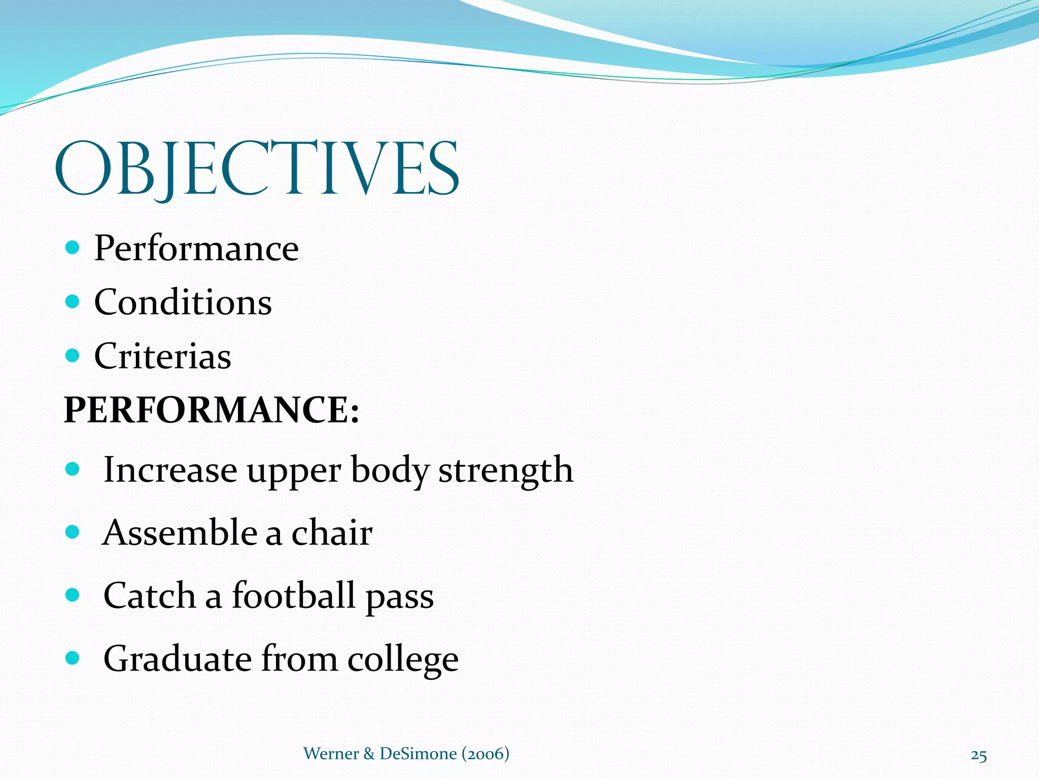 Werner & DeSimone (2006) 25
Objectives
 Performance
 Conditions
 Criterias
PERFORMANCE:
 Increase upper body strength
 Assemble a chair
 Catch a football pass
 Graduate from college
 